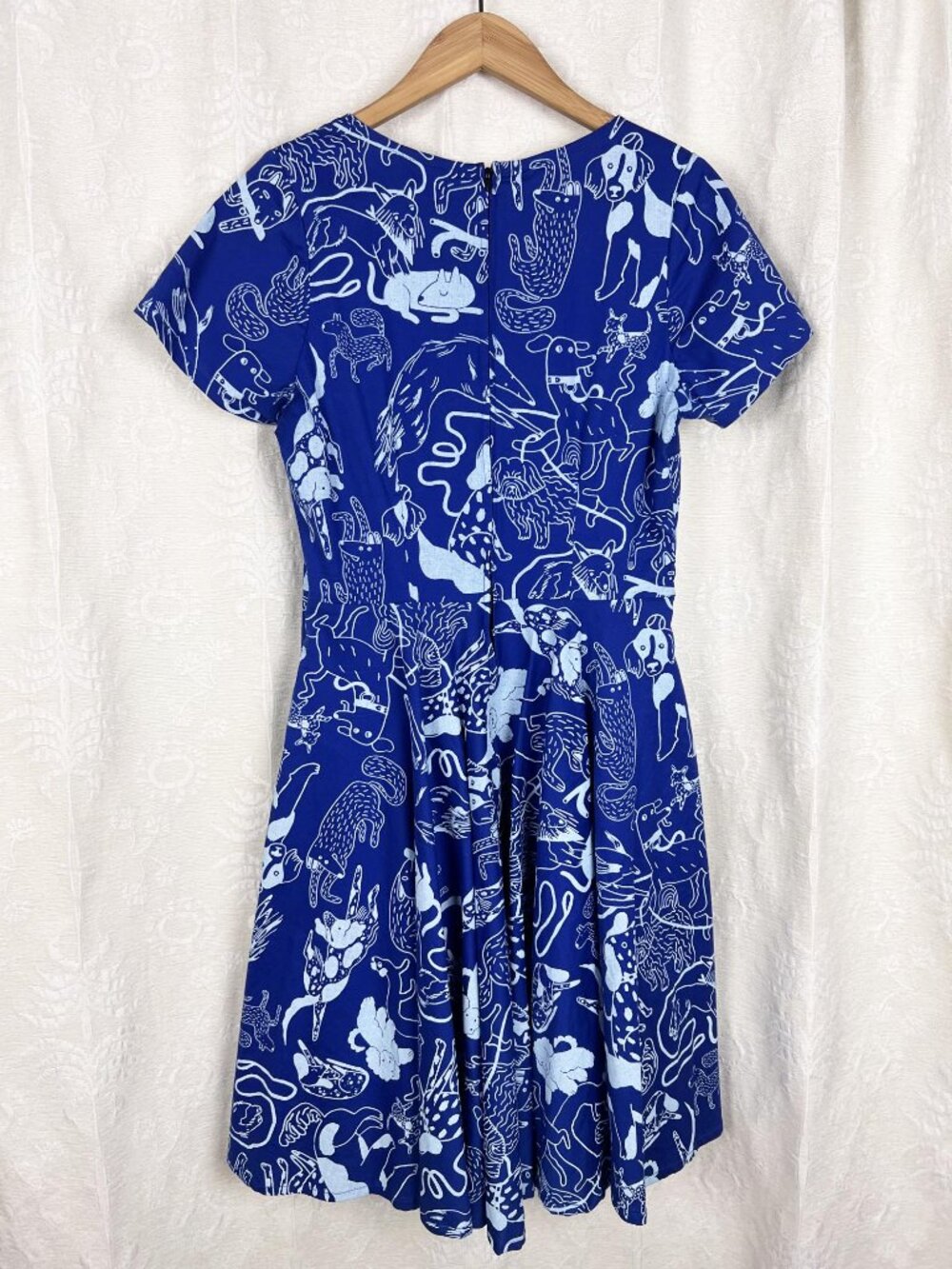 Nooworks Loretta Dress in Blue Dog Print fit & flare stretch cotton whimsy Large - Picture 7 of 11